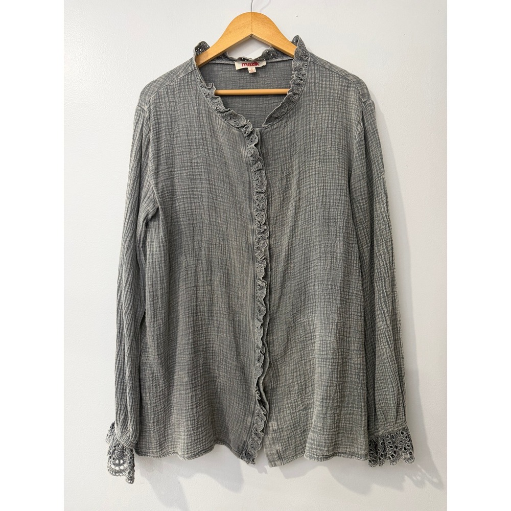 Mazik Gray Crinkle Gauze Eyelet Lace Trim Ruffle Blouse Top Womens Medium